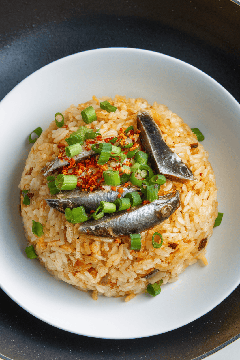 Indoor wok with fried rice dotted with sardine pieces, chopped scallions, and red chili flakes. No logos or text, photo only.