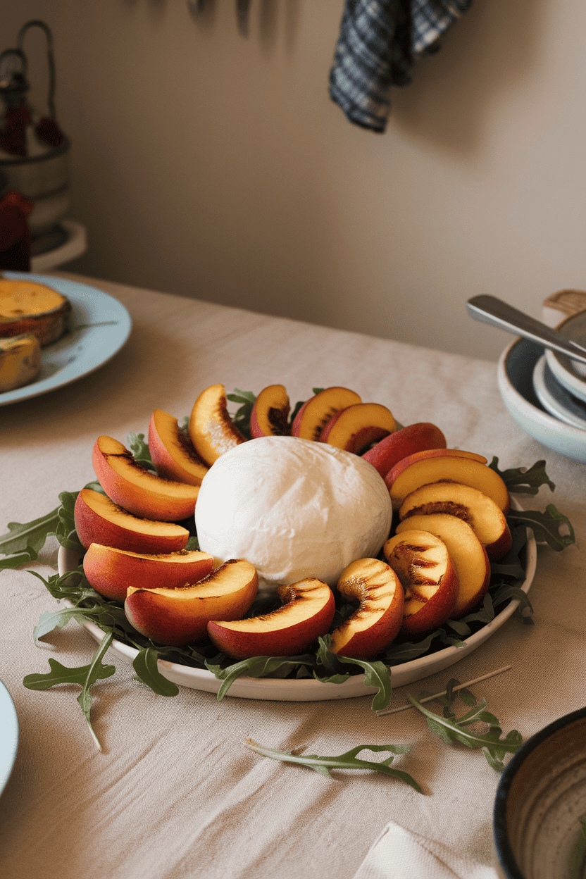 Indoor kitchen table displaying sliced grilled peaches arranged around a ball of creamy burrata, arugula leaves scattered underneath. No text or logos visible. Photo, not illustration.