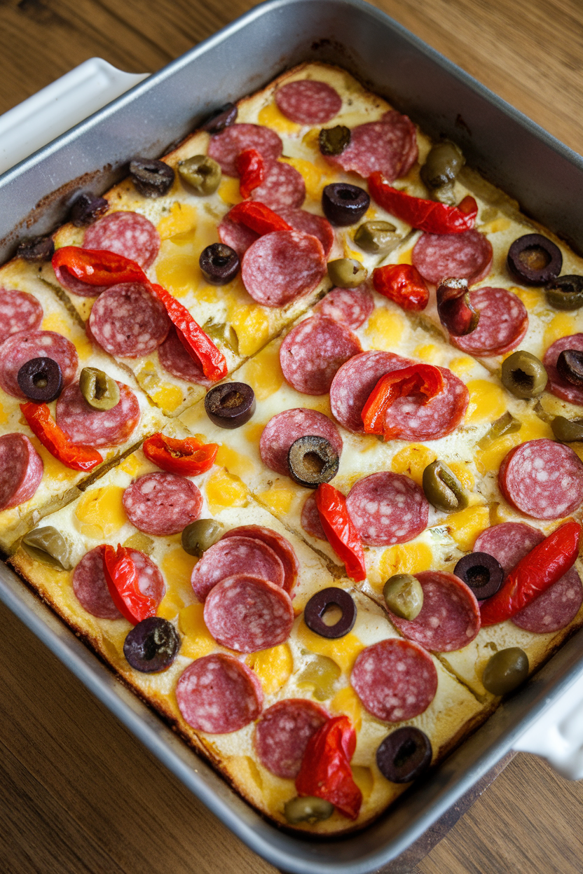 Indoor casserole dish with baked egg mixture studded with salami, olives, and roasted red peppers, cut into squares. No text or logos.