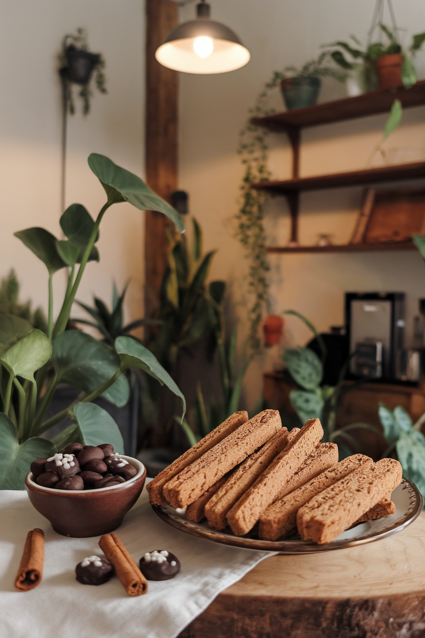 Indoor coffee nook with a plate of gingerbread biscotti sticks, chocolate-covered espresso beans in a small bowl, and a cinnamon stick accent. No text or logos. Photo only.