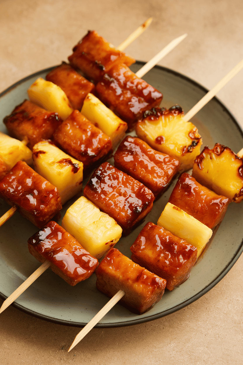 Photo of glazed tempeh and pineapple chunks on wooden skewers resting on a plate indoors, no text or logos.