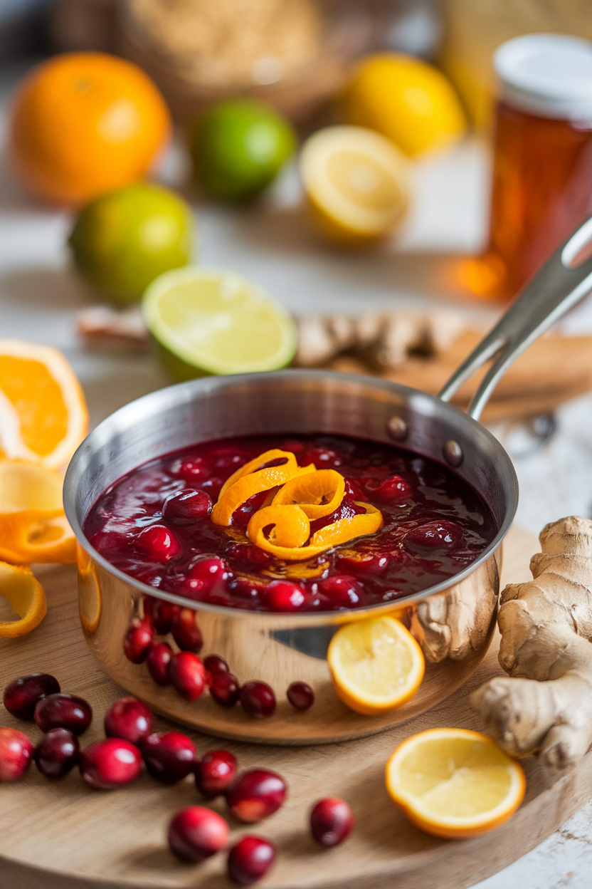 Indoor saucepan of glossy cranberry sauce scented with orange peel and sliced ginger pieces visible. Photo, no text or logos.