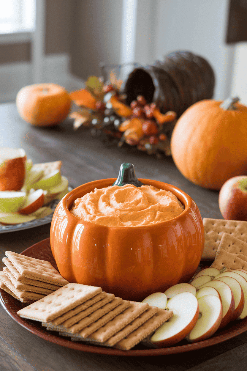 Indoor coffee table with a ceramic pumpkin bowl of creamy orange dip, surrounded by graham crackers and apple slices. Photograph; no text or logos.