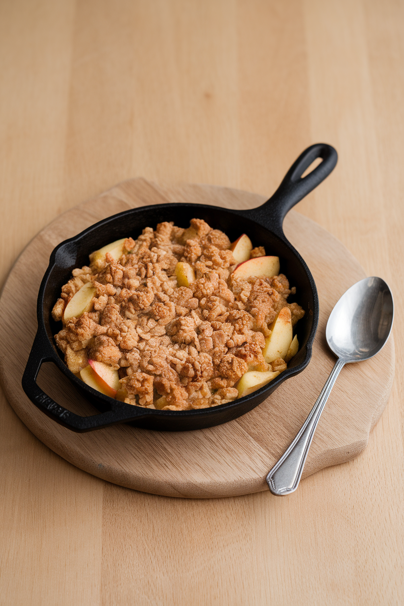 An indoor dining table showcasing a small cast-iron skillet filled with bubbling apple crisp, golden almond-flour crumble on top, a spoon resting alongside. No text or logos.