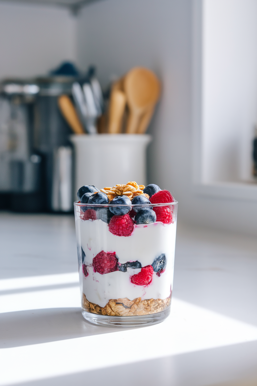 A brightly lit indoor kitchen counter with a clear glass filled in layers of thick Greek yogurt, fresh blueberries and raspberries, and a light sprinkle of granola on top. No text or logos anywhere; photo, not illustration.
