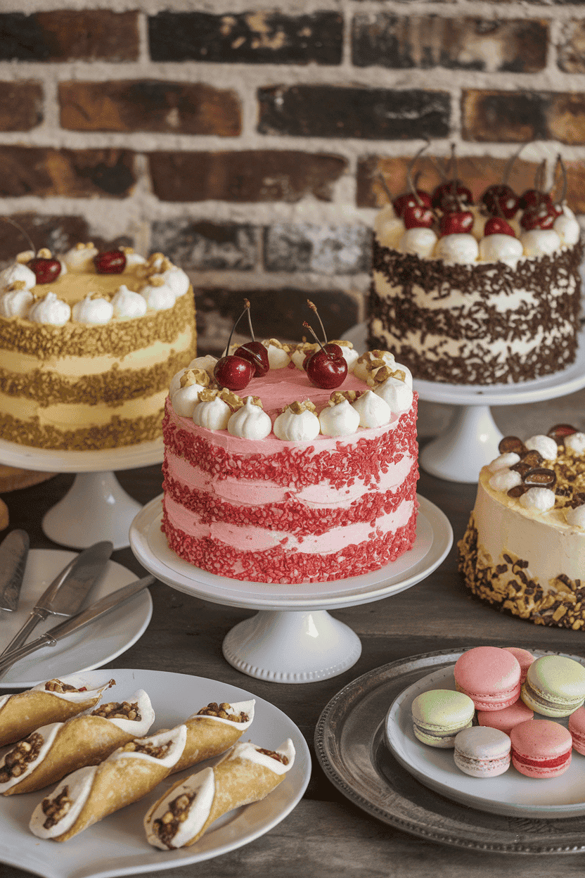 An indoor Italian dessert table showing three colorful cake layers—pistachio, cherry, and chocolate—with vanilla buttercream, topped with chopped nuts and cherries. No text or logos. Photo only.