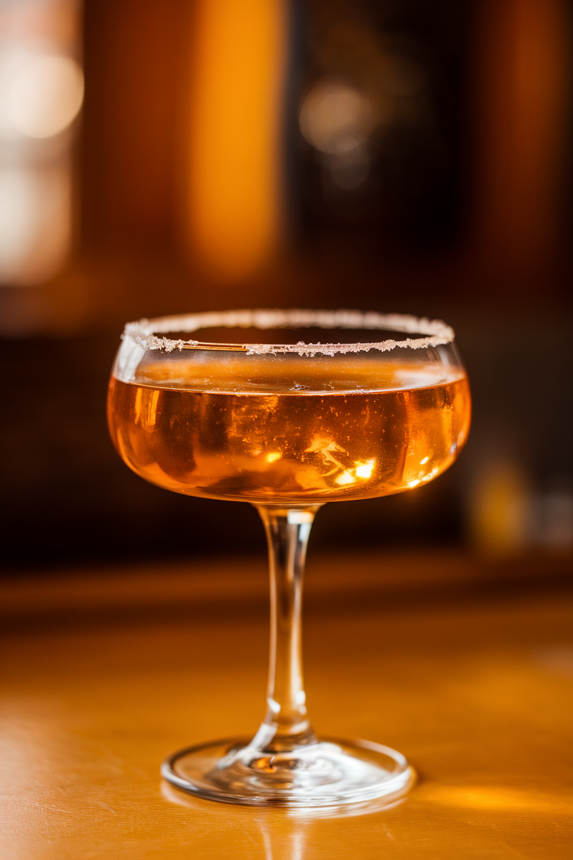 Photo of a coupe glass indoors, filled with a burnished golden applejack sidecar, sugared rim sparkling under warm light. No text or logos.