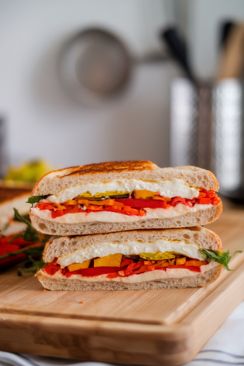 Photo of a sliced panini showing melted mozzarella and colorful roasted vegetables, set on an indoor wooden cutting board. No text or logos.