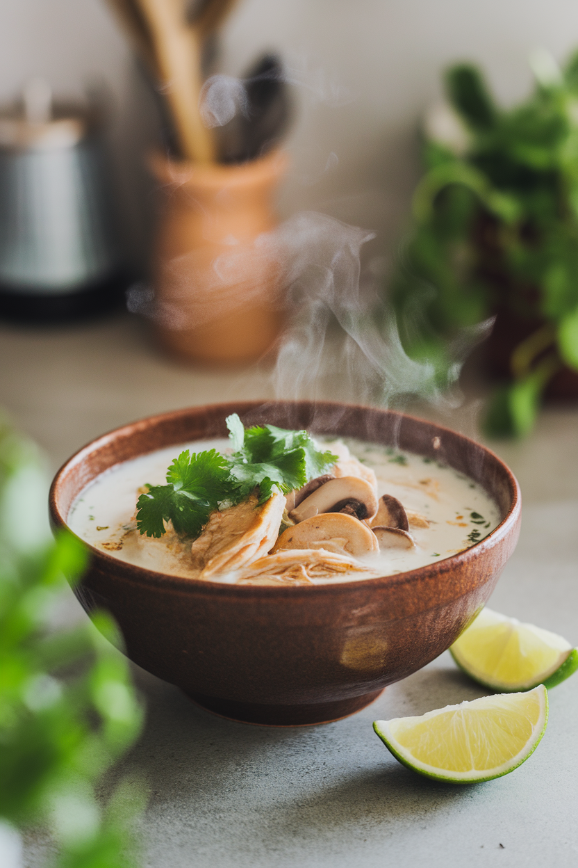 A steaming bowl of creamy coconut soup with chicken, mushrooms, and cilantro, placed on an indoor countertop with lime wedges nearby. No text or logos.
