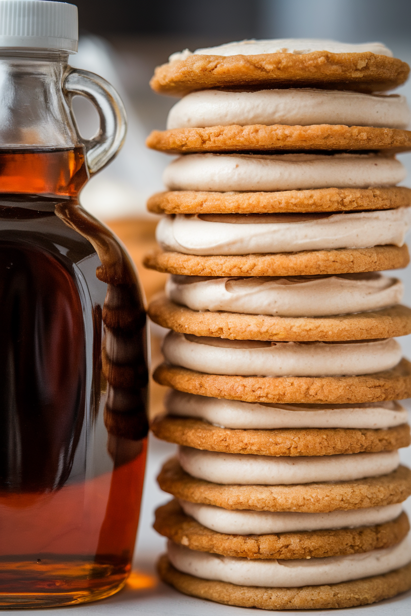 Indoor stack of thin oatmeal cookies layered with maple buttercream, set beside a maple syrup bottle. No text or logos present. Photo, not illustration.