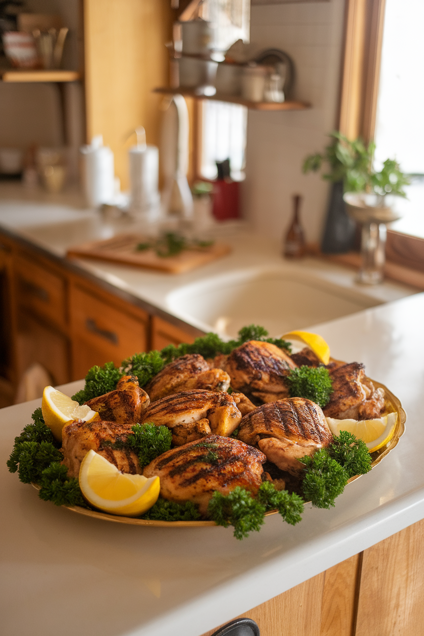 A warmly lit indoor kitchen counter displaying a platter of cooked lemon-herb grilled chicken thighs garnished with fresh parsley and lemon wedges, viewed from a slight overhead angle. Photo only, no text or logos, indoor setting.