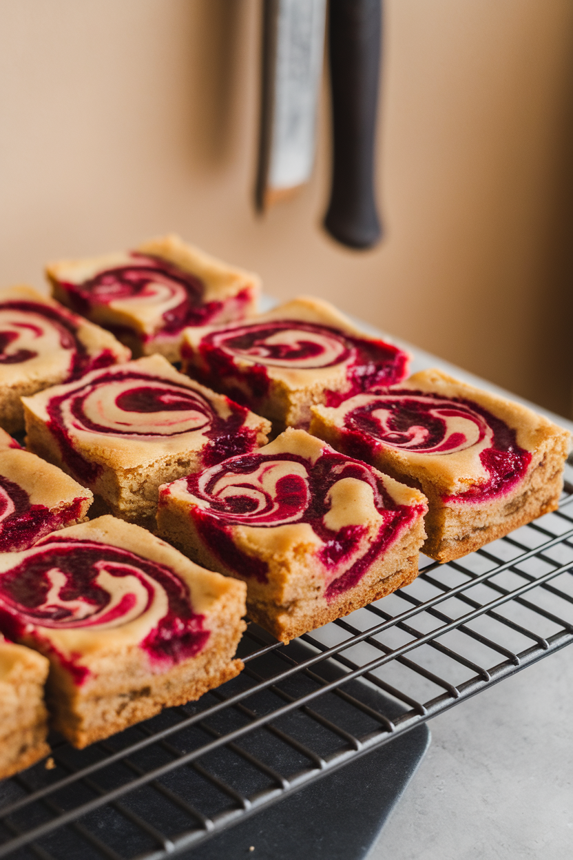 Indoor photo of blondie squares with vibrant cranberry sauce swirls visible on top, arranged on a cooling rack. No text or logos.