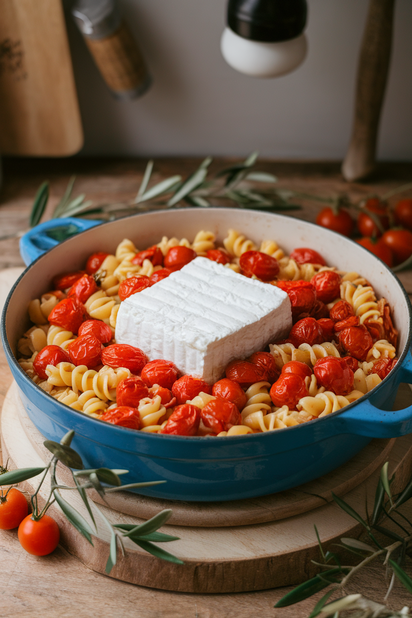 Photo of a casserole dish indoors with roasted cherry tomatoes and a block of feta in the center, pasta tossed in; no text or logos.
