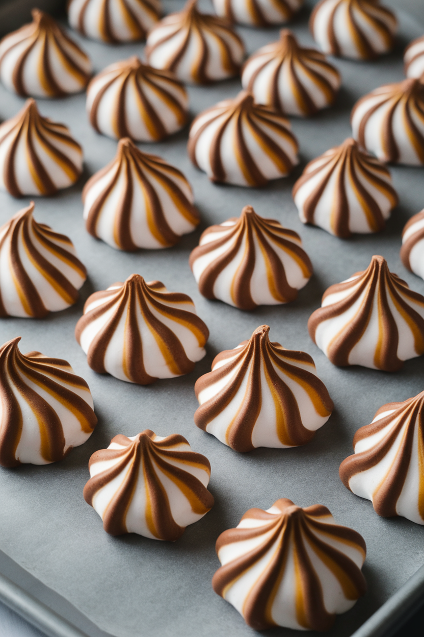 Indoor baking sheet lined with marbled pumpkin-orange and chocolate meringue kisses, glossy peaks catching light. No text or logos. Photo, not illustration.