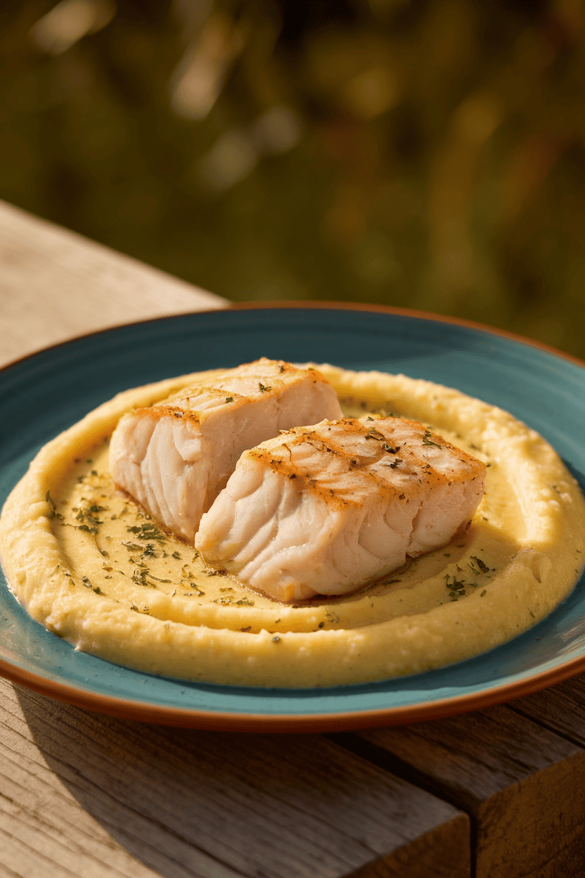A warmly lit indoor plate showing a flaky fillet of cooked cod atop a pool of creamy polenta speckled with herbs—no text or logos visible. Photo, not illustration.