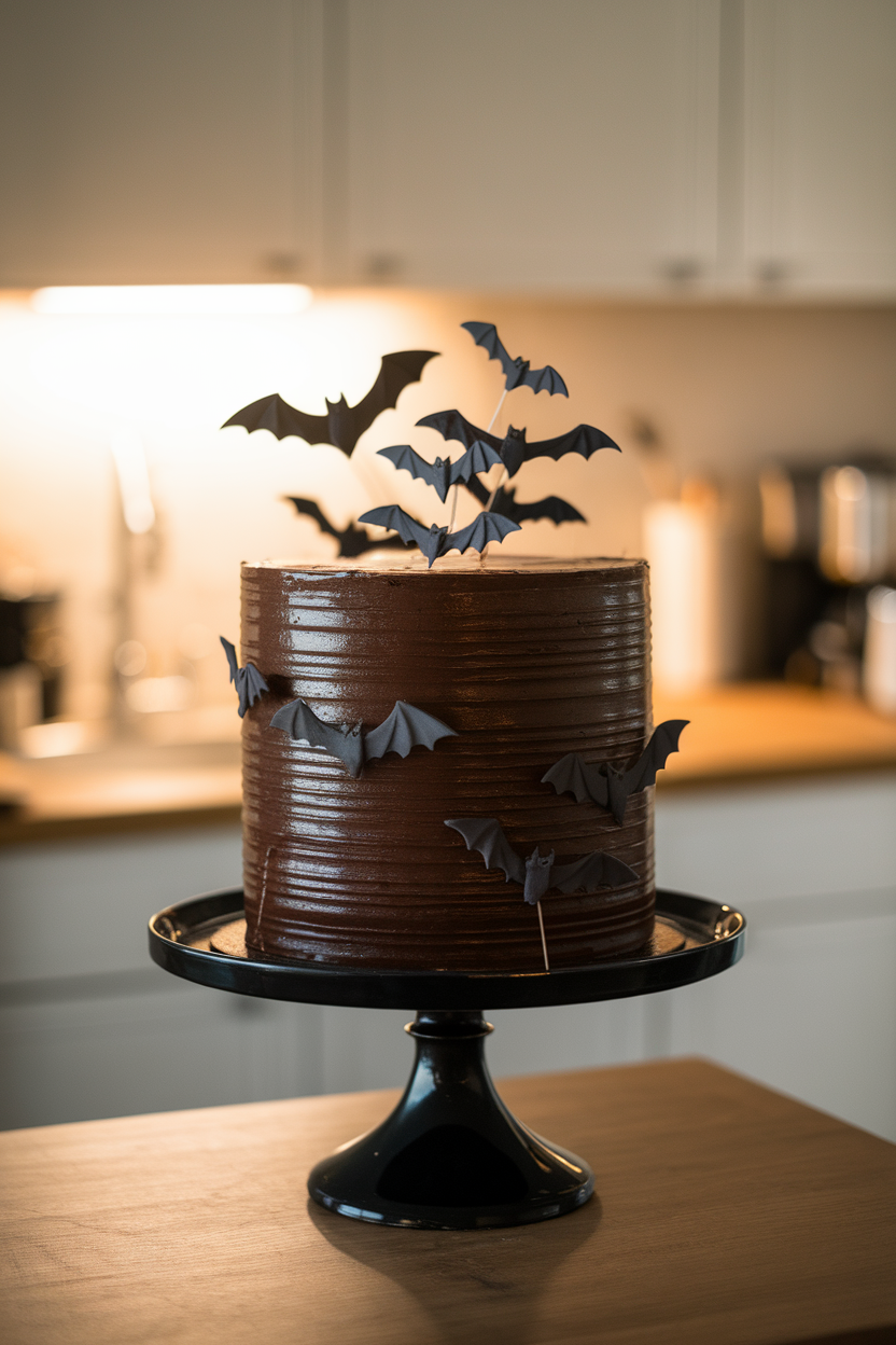 Indoor photo of a tall, glossy dark-chocolate layer cake topped with small fondant bats in flight, set on a black cake stand against a softly lit kitchen backdrop. No text or logos anywhere in the scene.