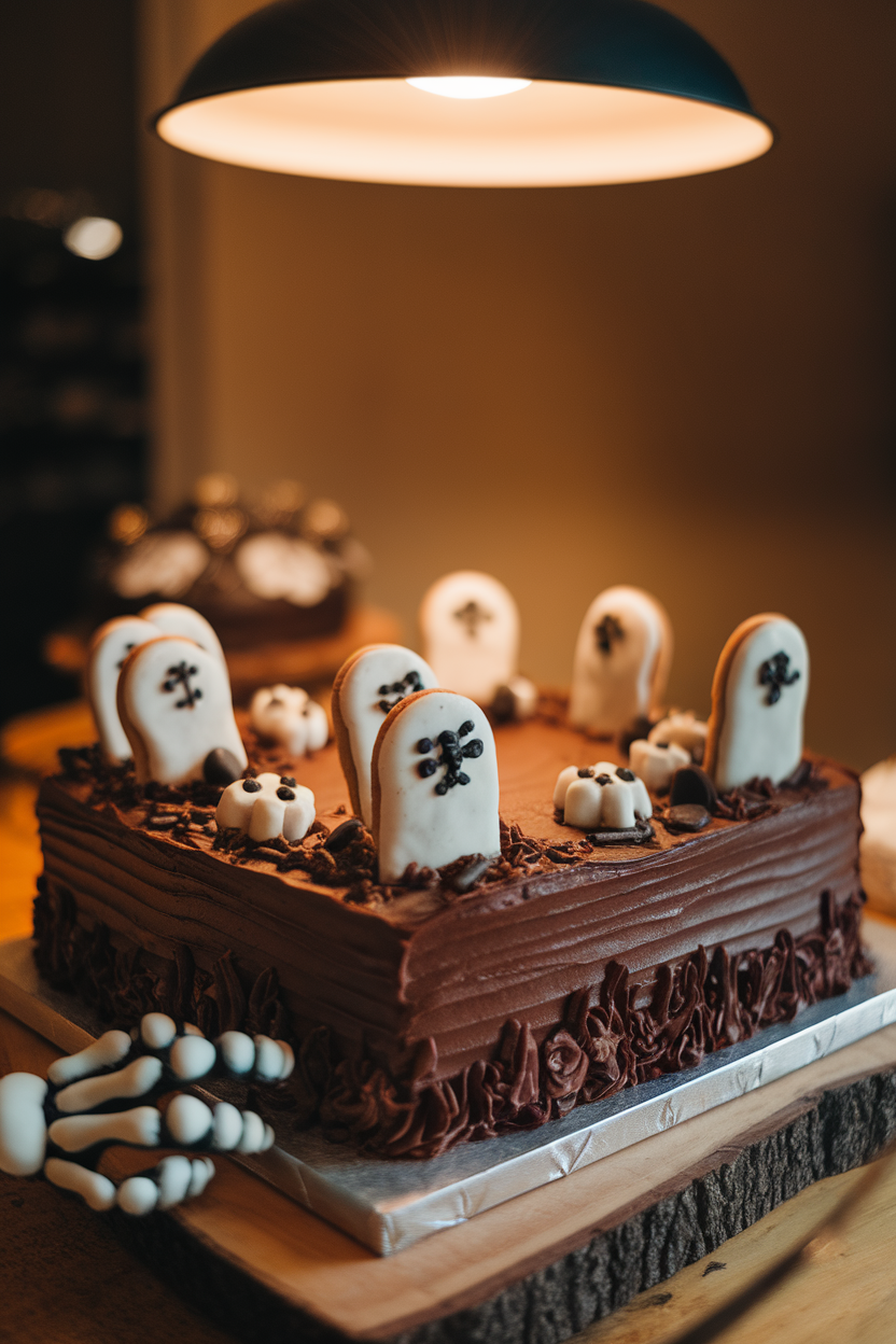 Indoor photo of a chocolate sheet cake iced in dark frosting, dotted with cookie “tombstones” and candy skeleton parts, lit by warm overhead light. No text or logos in view.