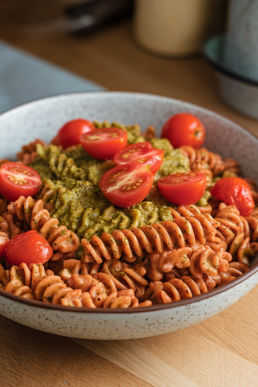 Indoor photo of cooked red-lentil rotini in a bowl with pesto and cherry tomatoes; no text or logos