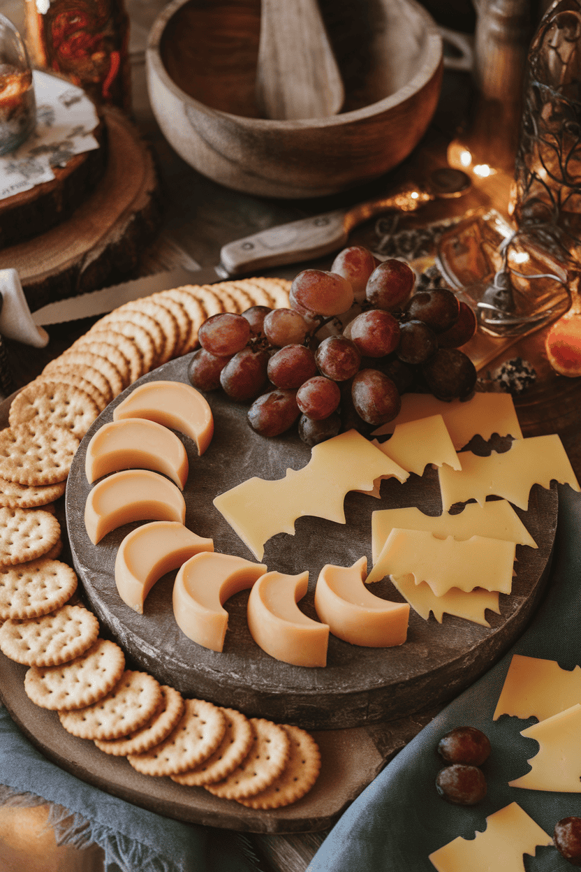 Indoor photo of a round cheese board featuring gouda cut into crescent “moons” and cheddar bat shapes, surrounded by crackers and grapes. Cozy ambient lighting, no text or logos.