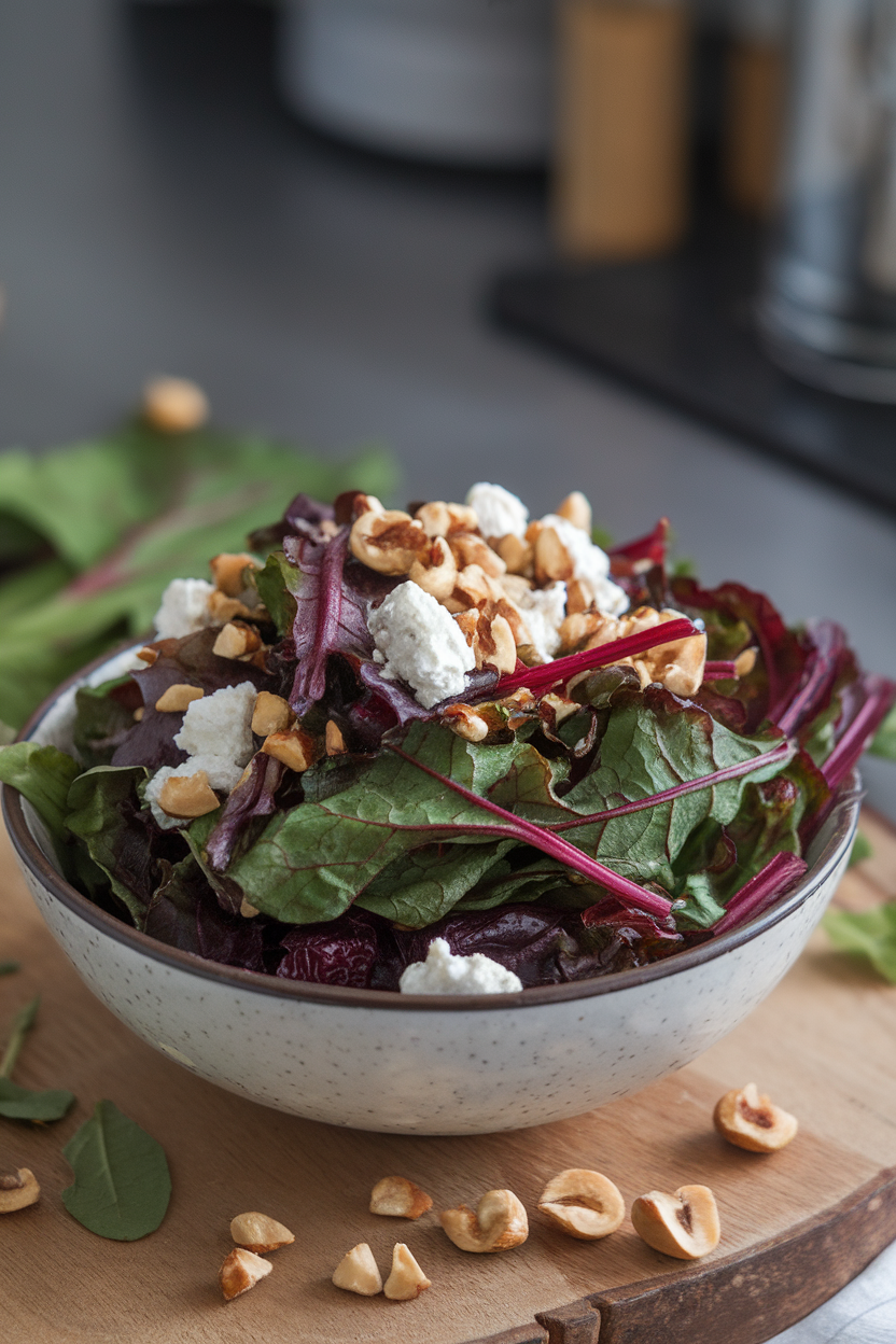 Indoor photo of tender beet greens mixed with goat cheese crumbles and toasted hazelnuts in a serving bowl; no text or logos.