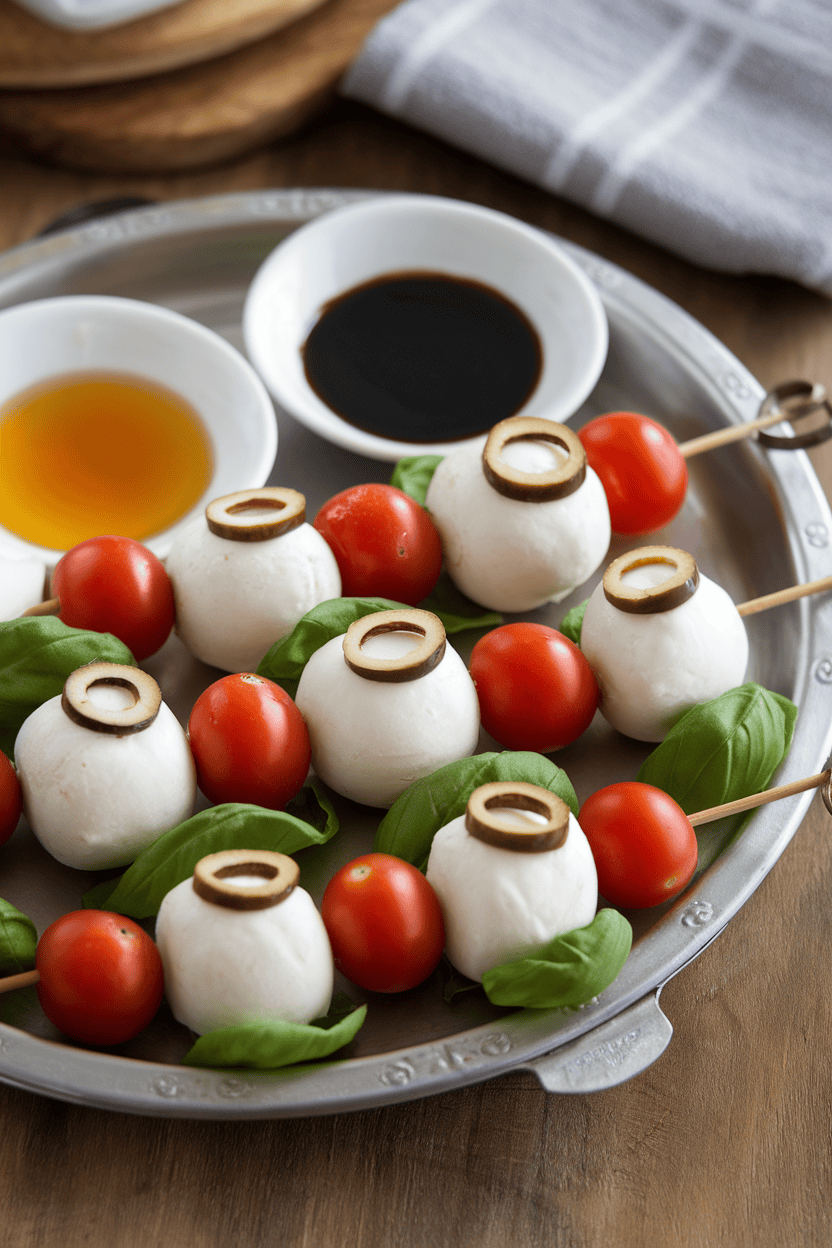 Indoor appetizer tray featuring mozzarella balls, cherry tomatoes, and basil leaves skewered together, with thin olive slices creating “pupils” on the cheese. No text or logos; photograph.