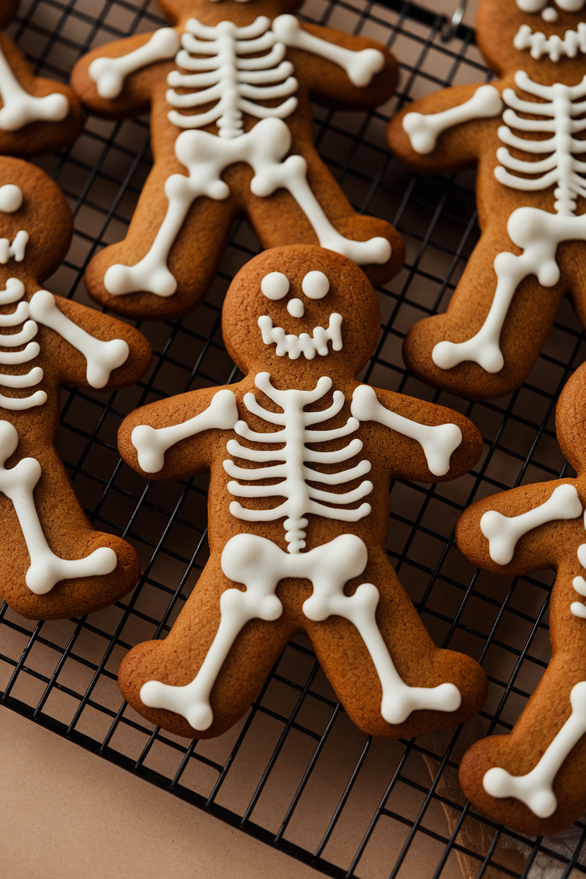 Photo of gingerbread cookies shaped like people with white royal icing skeleton bones, on a wire rack indoors, no text or logos.