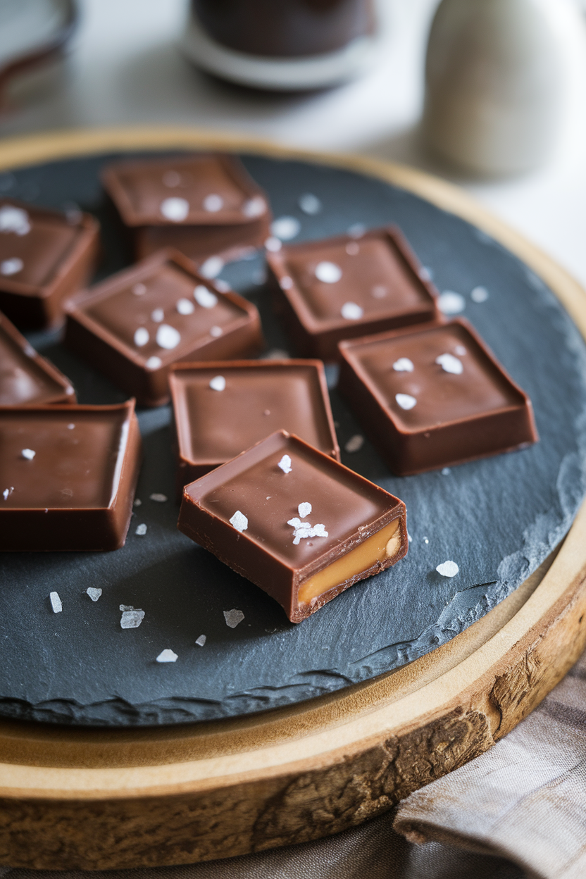 Photo of indoor slate platter with individually wrapped flat chocolate squares, one unwrapped to reveal sea-salt caramel filling, no text