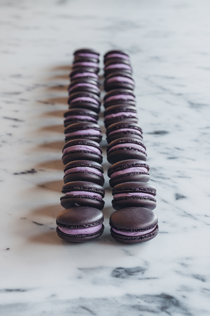 Photo of jet-black French macarons filled with purple buttercream, neatly lined on an indoor marble counter, no logos or text.