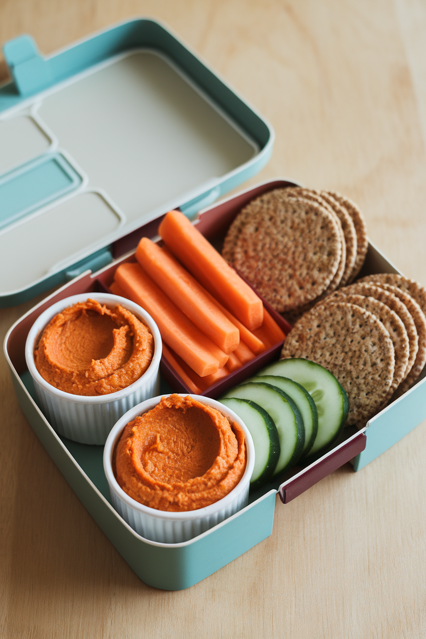 Indoor photo of small lidded cups of roasted red pepper hummus with carrot sticks, cucumber rounds, and whole-grain crackers in a bento-style box. Logo-free.