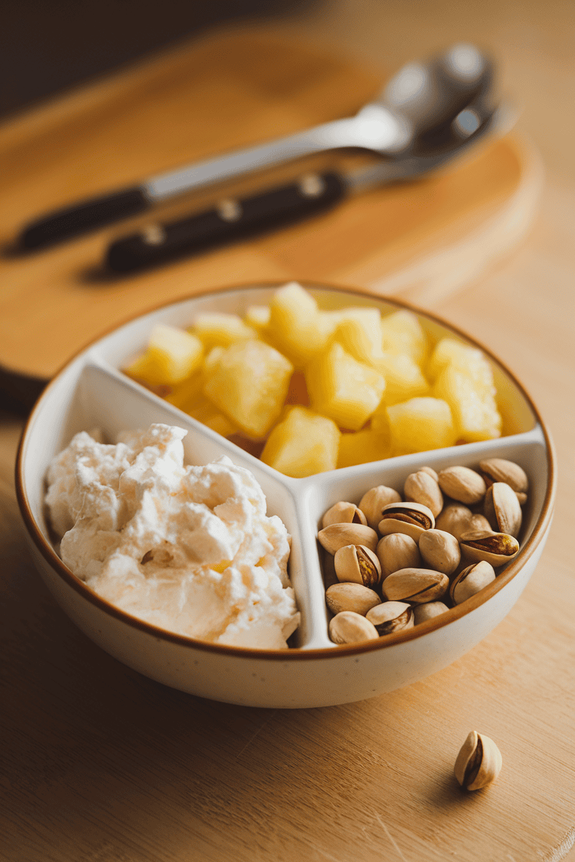 Warm indoor photo of a divided bowl with low-fat cottage cheese, pineapple tidbits, and shelled pistachios; no text or logos.