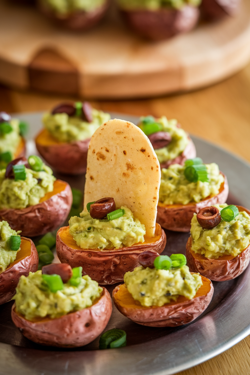 Photo of small roasted baby potatoes halved and filled with guac, tortilla tombstone inserted, indoor platter. No text or logos.