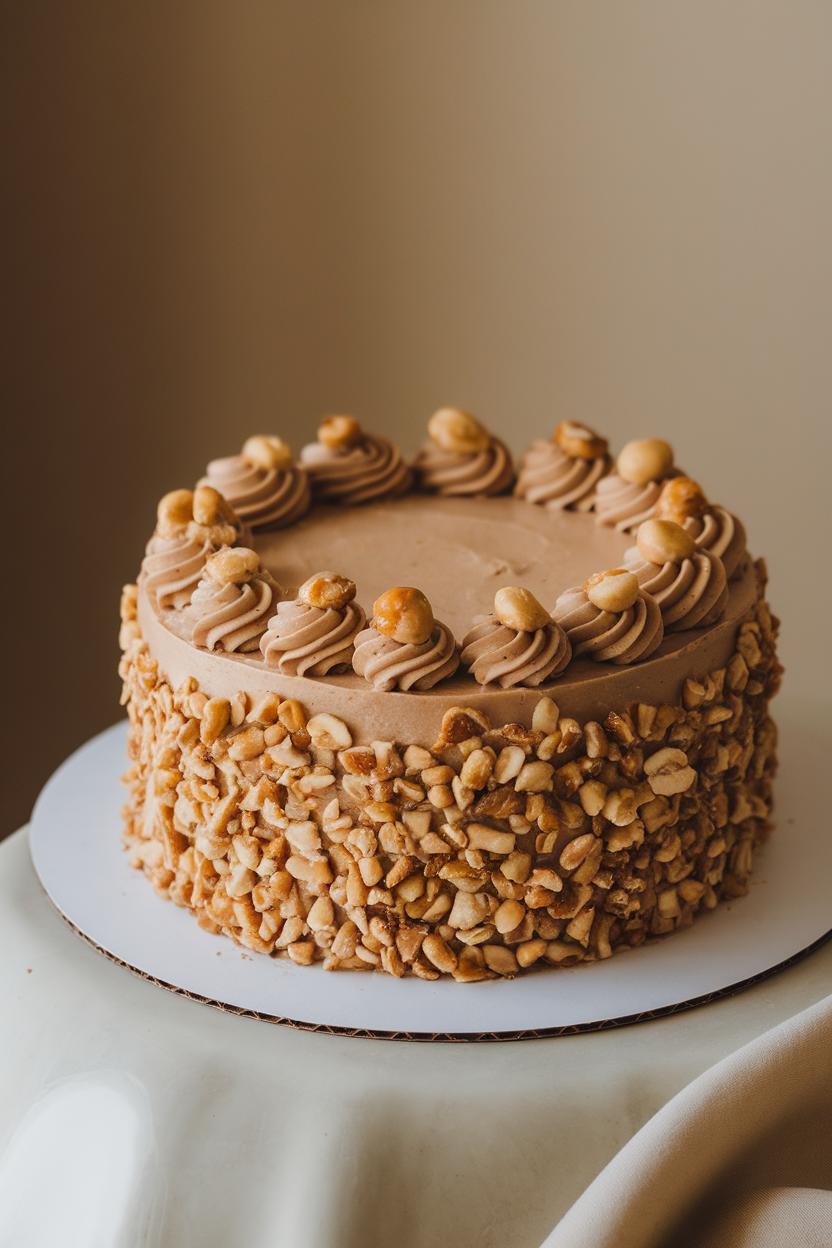 A hazelnut cake indoors covered in silky praline buttercream and decorated with caramelized hazelnut clusters, photographed at eye level. Photo only, no text or logos.