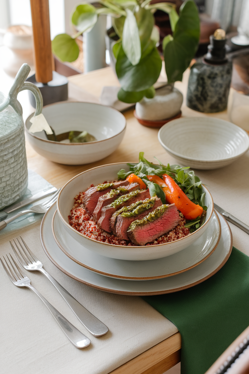 Photo of an indoor dining table with a bowl of red quinoa, sliced medium-rare steak drizzled with chimichurri, roasted bell peppers, and arugula. No logos or text present.