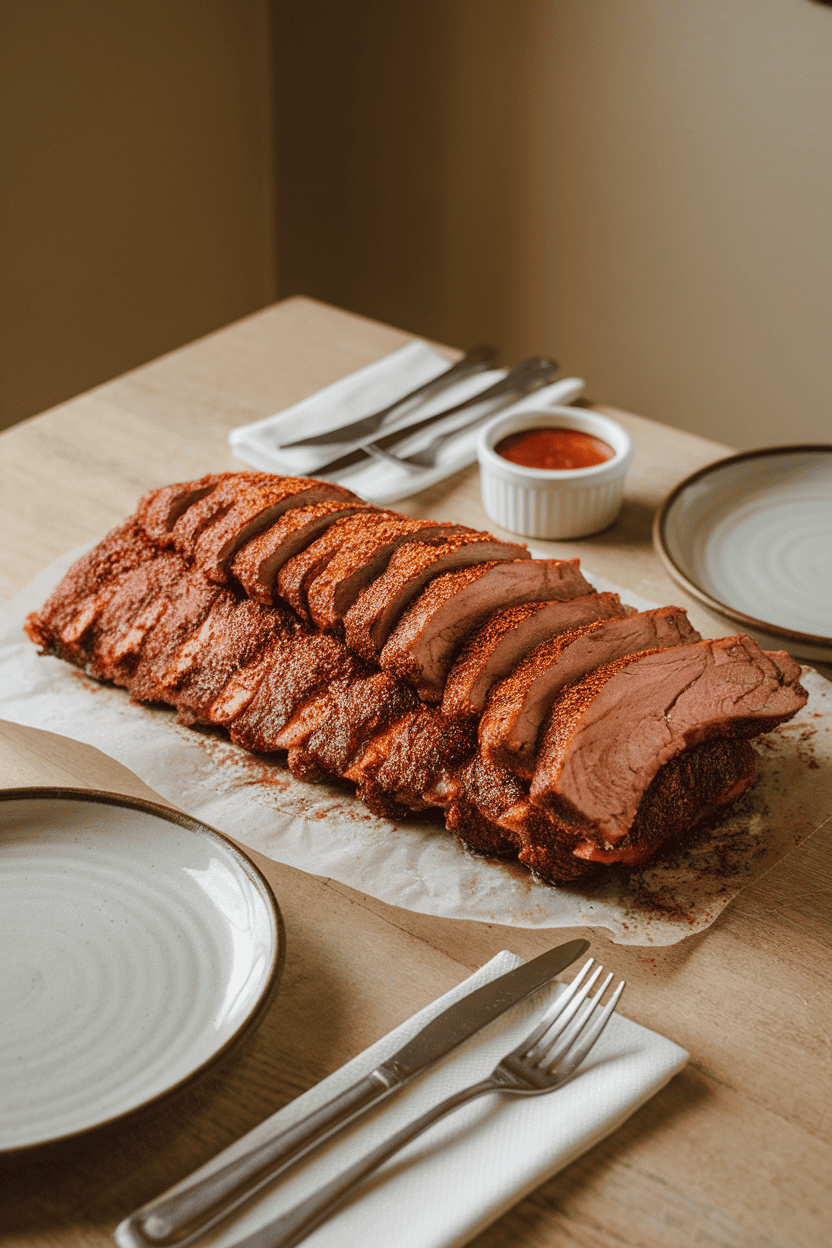 Indoor dining table with a slab of sliced dry-rubbed ribs dusted with additional spice mix, a small ramekin of sauce off to the side. No text or logos present. Photo, not illustration.