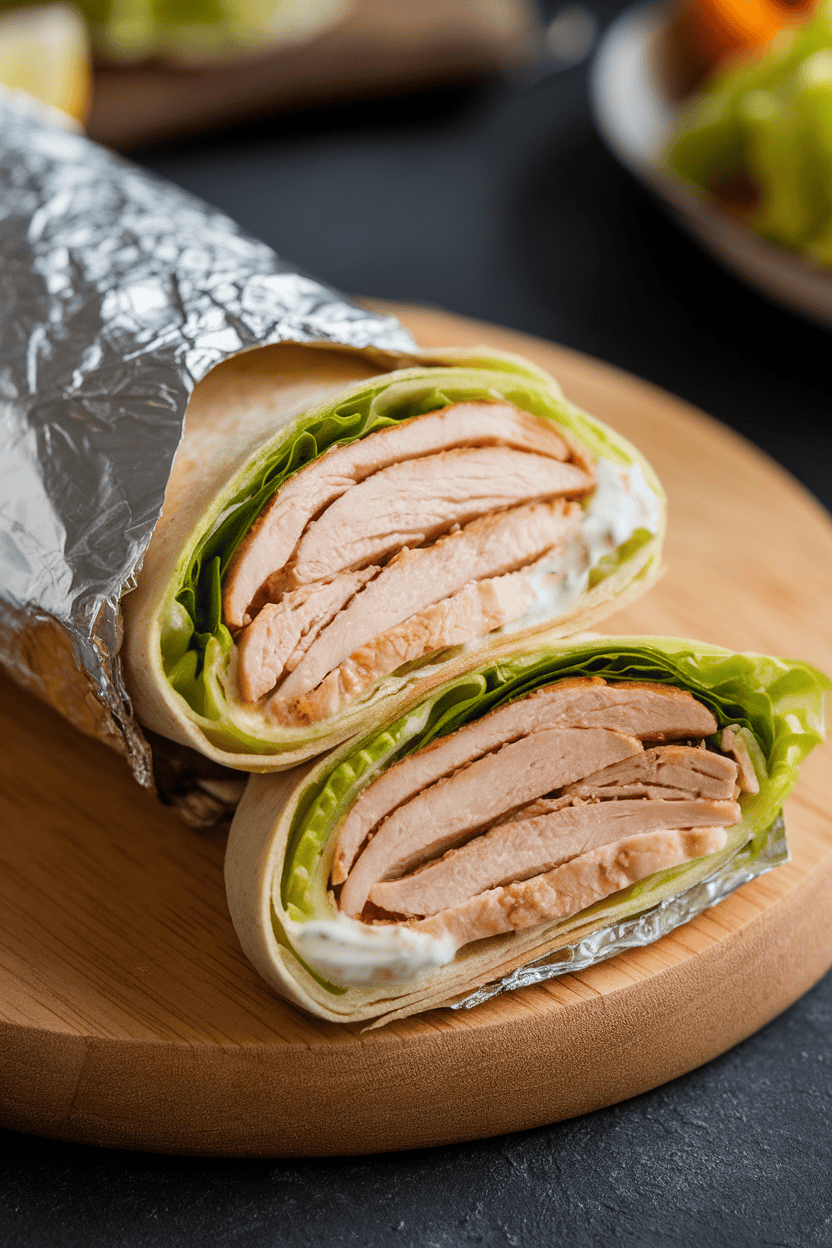 Photo of sliced chicken wrap on a board indoors, romaine and yogurt dressing peeking out, no text or logos.