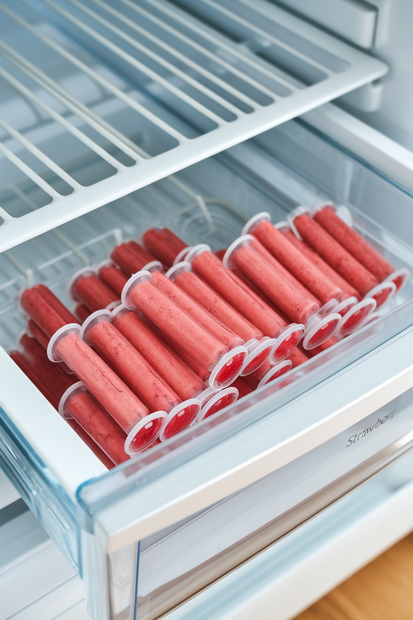 Indoor refrigerator drawer holding several clear fruit purée tubes in strawberry color, no text or logos.