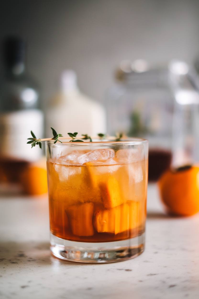 Photo of a rocks glass indoors, muddled persimmon pieces and bourbon over crushed ice, thyme sprig garnish. No text or logos present.
