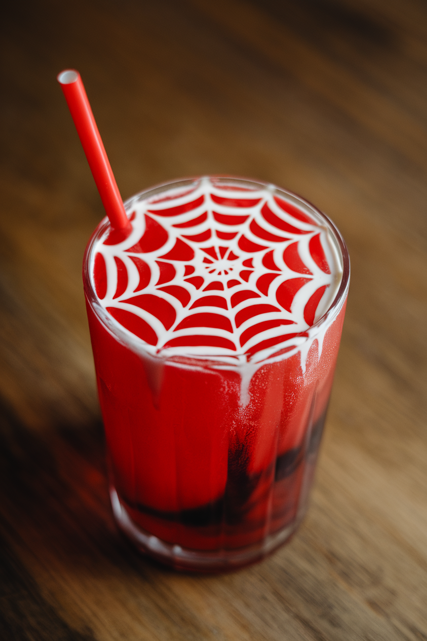 Indoor photo of bright red Italian soda with a spiderweb pattern of cream drizzled on top. No text or logos.