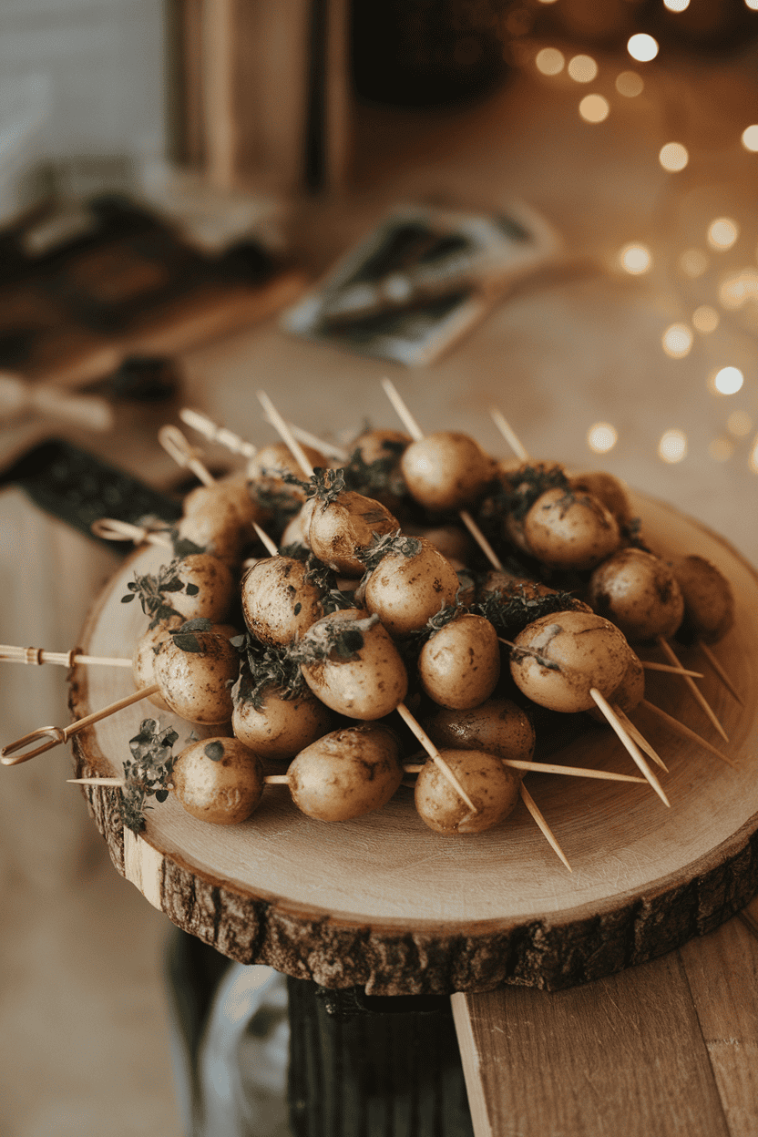 An indoor platter showing wooden skewers threaded with baby potatoes, herbs clinging to their surface, slight char marks visible. No text or logos; photo only.