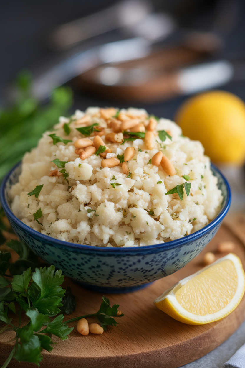 Photo of an indoor serving bowl of fluffy cauliflower rice flecked with parsley and toasted pine nuts; no text or logos