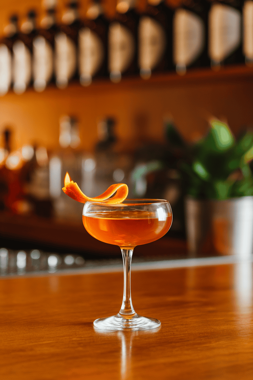 Indoor classic bar with coupe glass of sunset-orange scotch cocktail, flamed orange twist above rim, no text or logos.