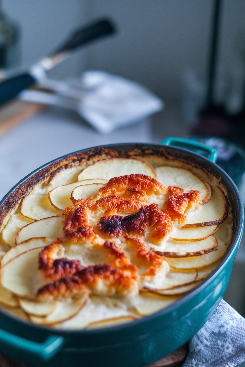 A shallow oval gratin dish indoors with thin potato slices layered in cream, top browned and bubbling; no text or logos. Photo only.