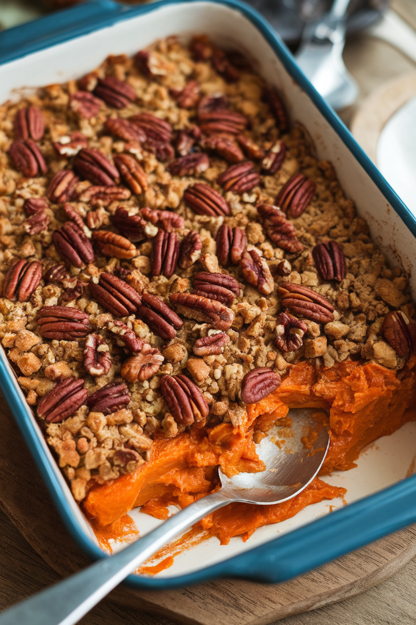 A baking dish indoors showing a browned pecan crumble topping over creamy sweet potatoes, a serving spoon revealing the orange interior; no text or logos. Photo.</Prompt