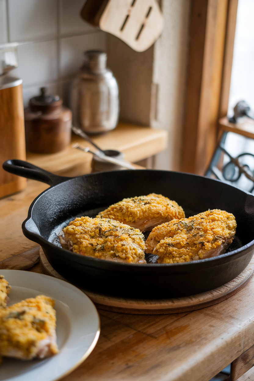 Cozy indoor kitchen counter with fried chicken breasts coated in coarse yellow cornmeal flecked with herbs, cast iron skillet in background, photo only, no text or logos