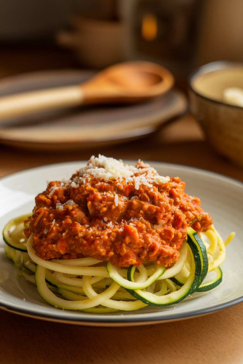 A warmly lit indoor plate showing zucchini noodles topped with hearty turkey Bolognese sauce and a sprinkle of parmesan. No text or logos in view; photo only.
