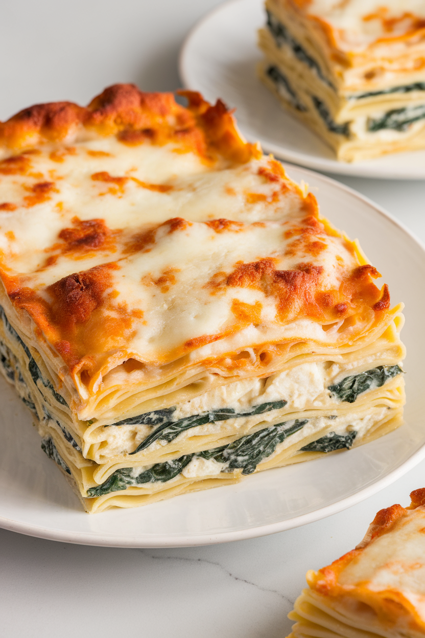 Indoor slice of white lasagna showing layers of pasta, spinach, and creamy cod filling, cheese melted on top. No text or logos.