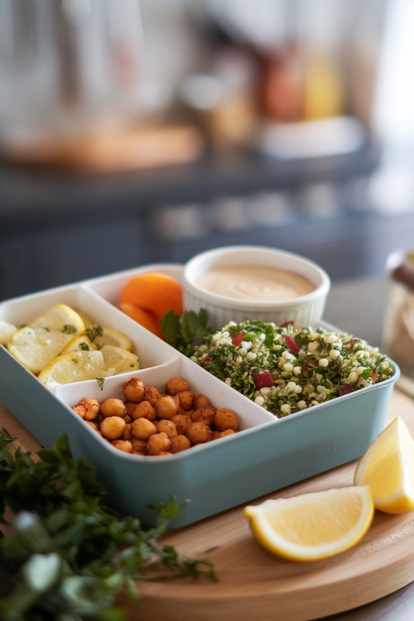 Photo of a divided container indoors with spiced roasted chickpeas, tabbouleh, and tahini sauce in a small cup. No text or logos.