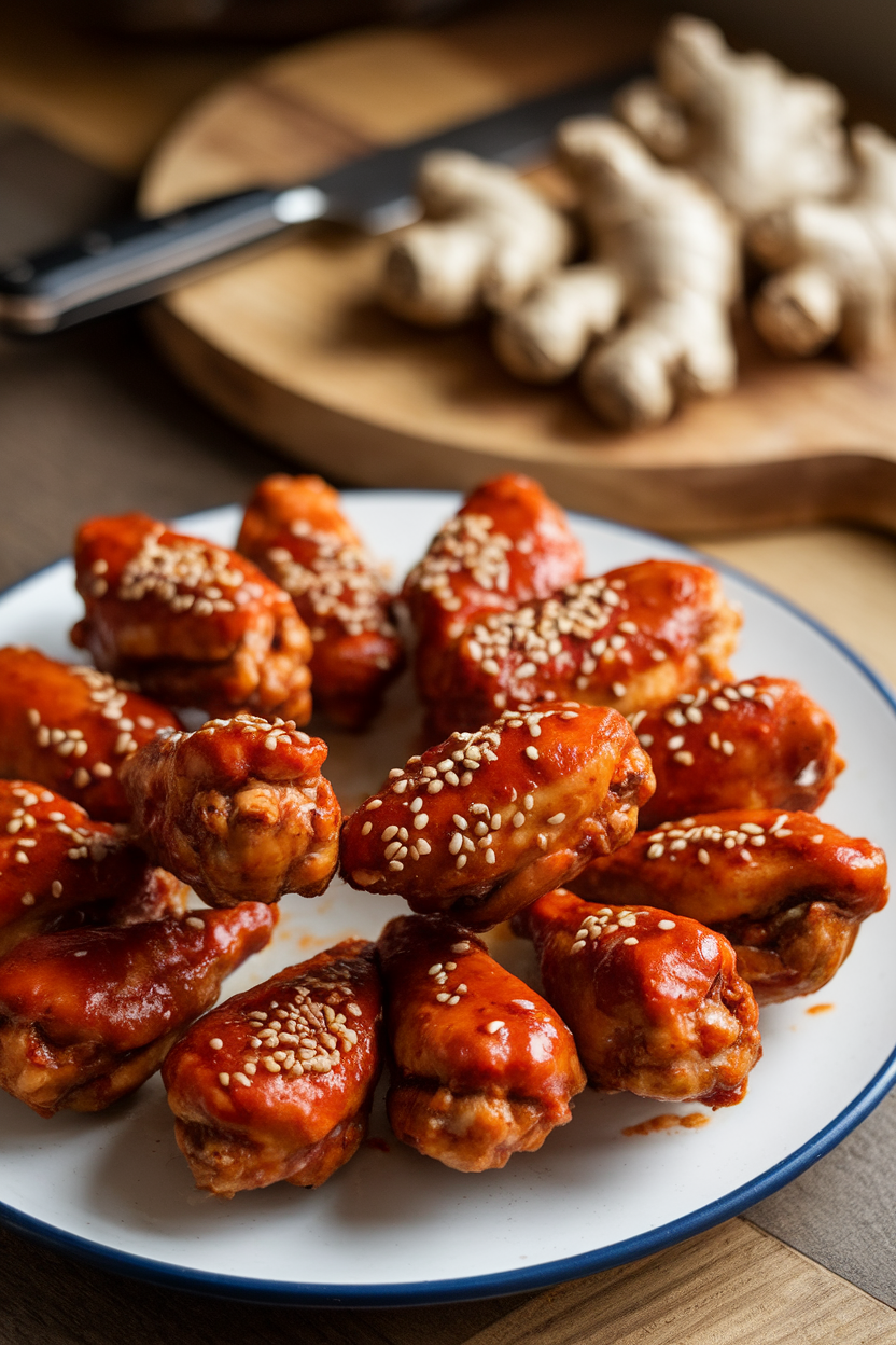 Indoor photo of platter of baked chicken wings coated in red gochujang sauce, sesame seeds sprinkled, no text or logos. Photo only.