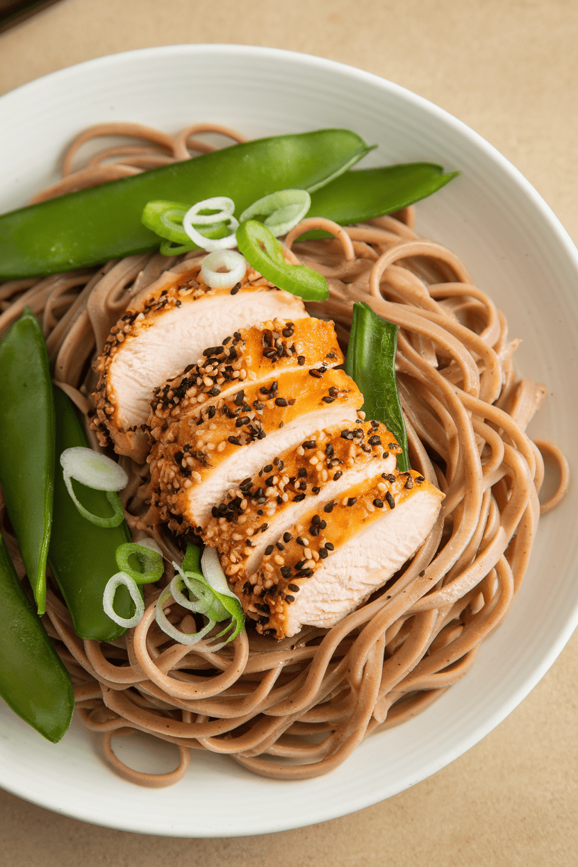 Indoor photo of chilled soba noodles tossed lightly in sesame oil, sliced sesame-crusted chicken breast, and crisp snow peas; no text or logos.