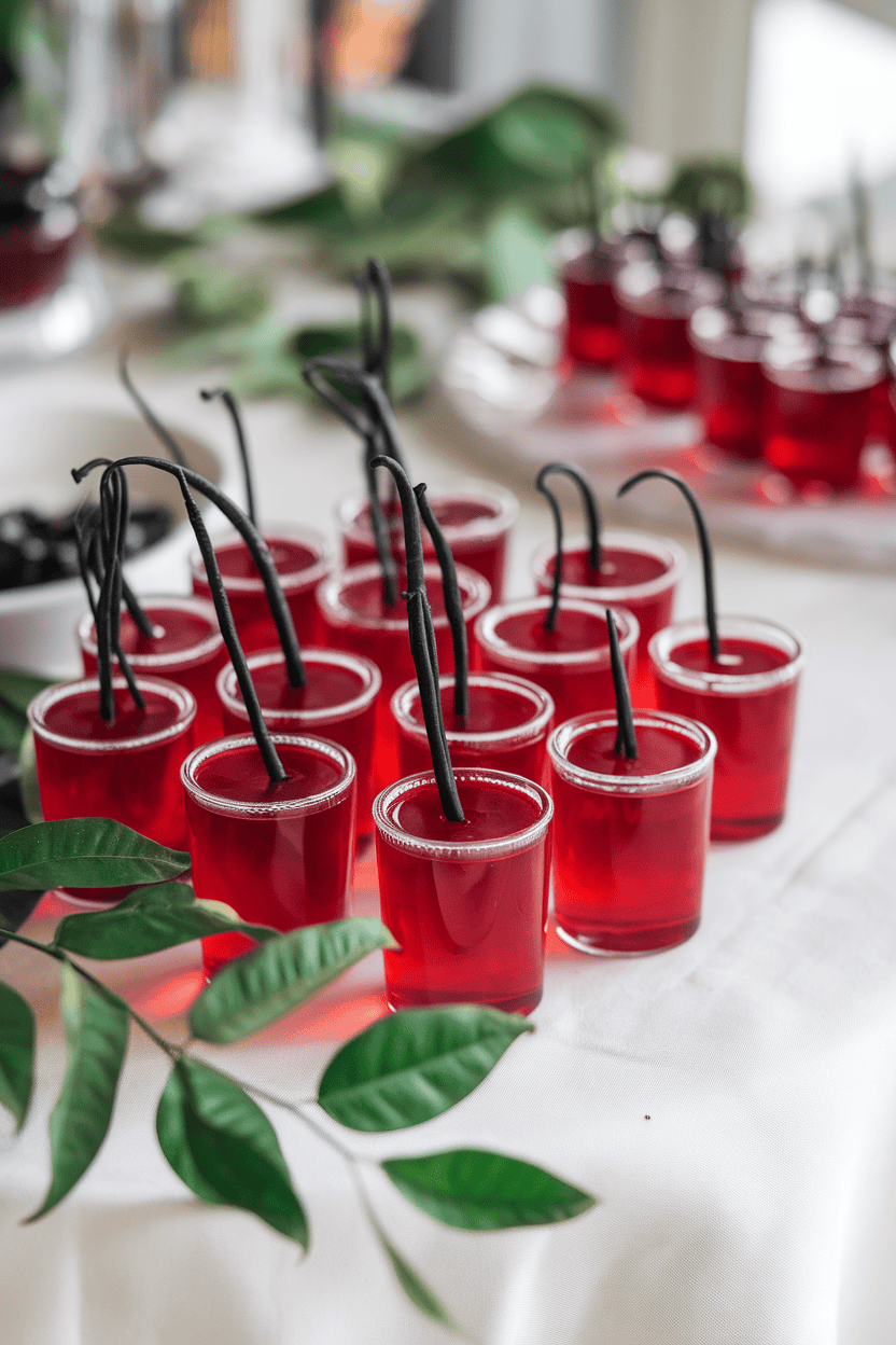 Indoor setting highlighting bright red cherry jello shots with short black licorice “fuses,” no text or logos